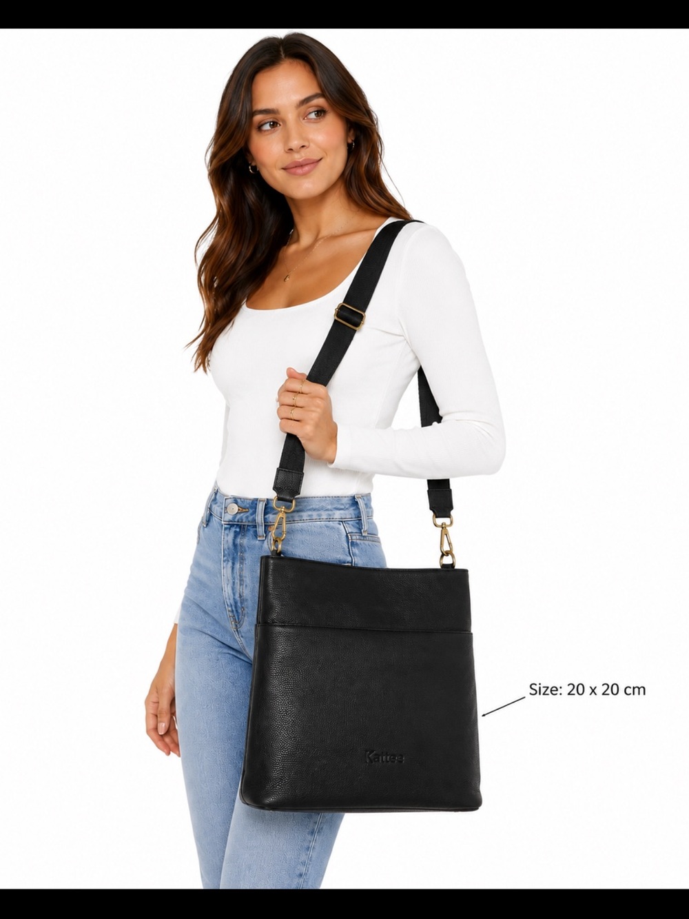 KATTEE black LEATHER crossbody bag adjustable strap gold hardware, med. 20x20